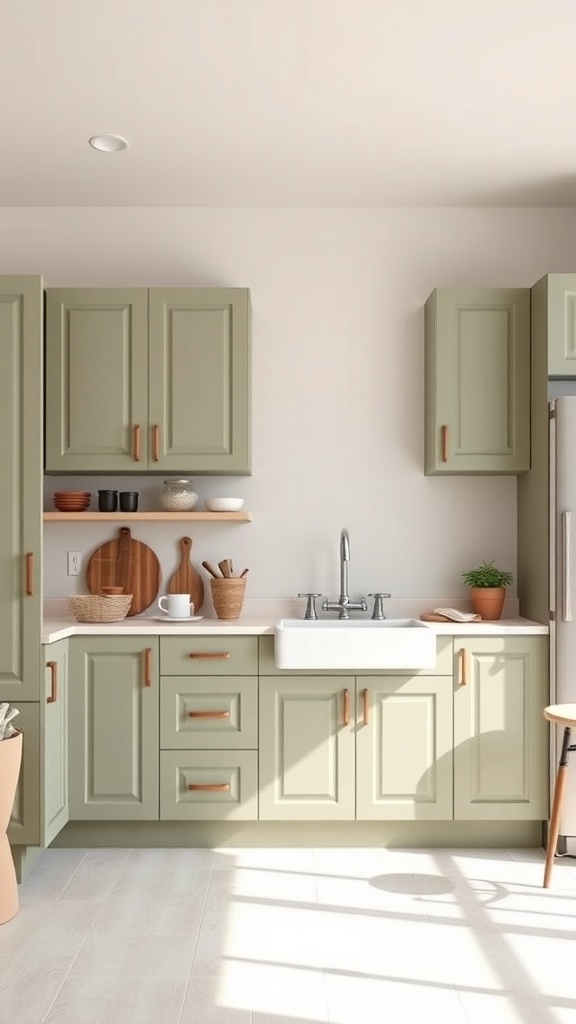 Modern kitchen with olive green cabinets and wooden accents