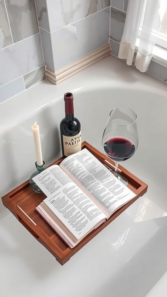 A wooden bath tray with a candle, a glass of red wine, and an open book on a bathtub.