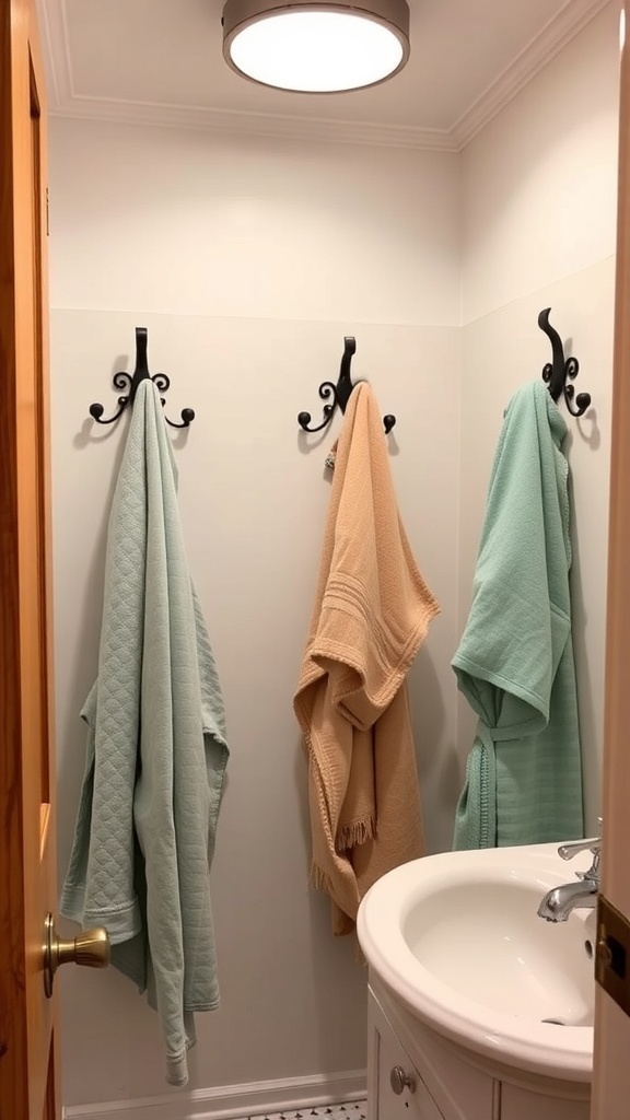 A small bathroom with three stylish hooks holding colorful towels