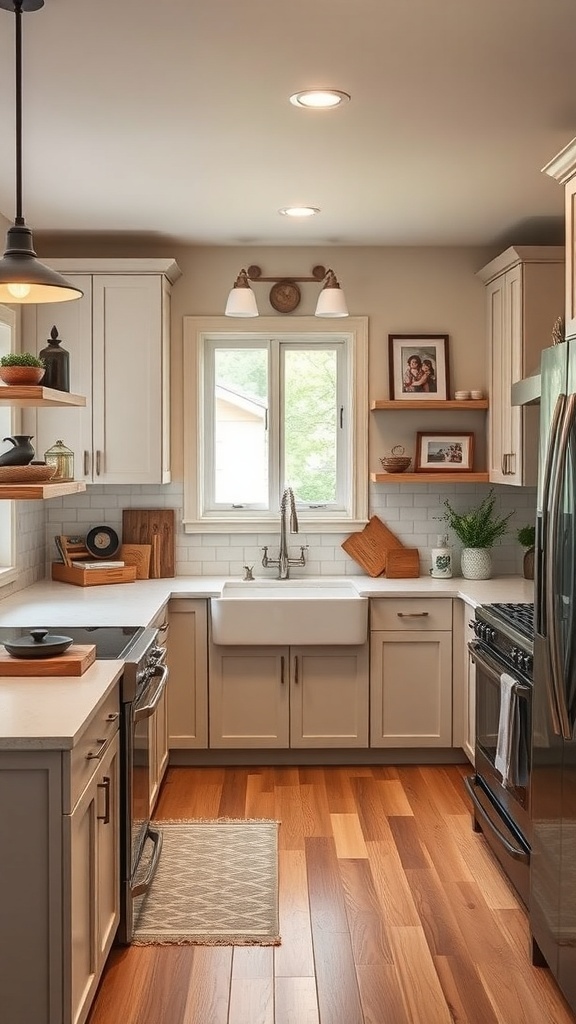 Cozy modern farmhouse kitchen with family photos on display