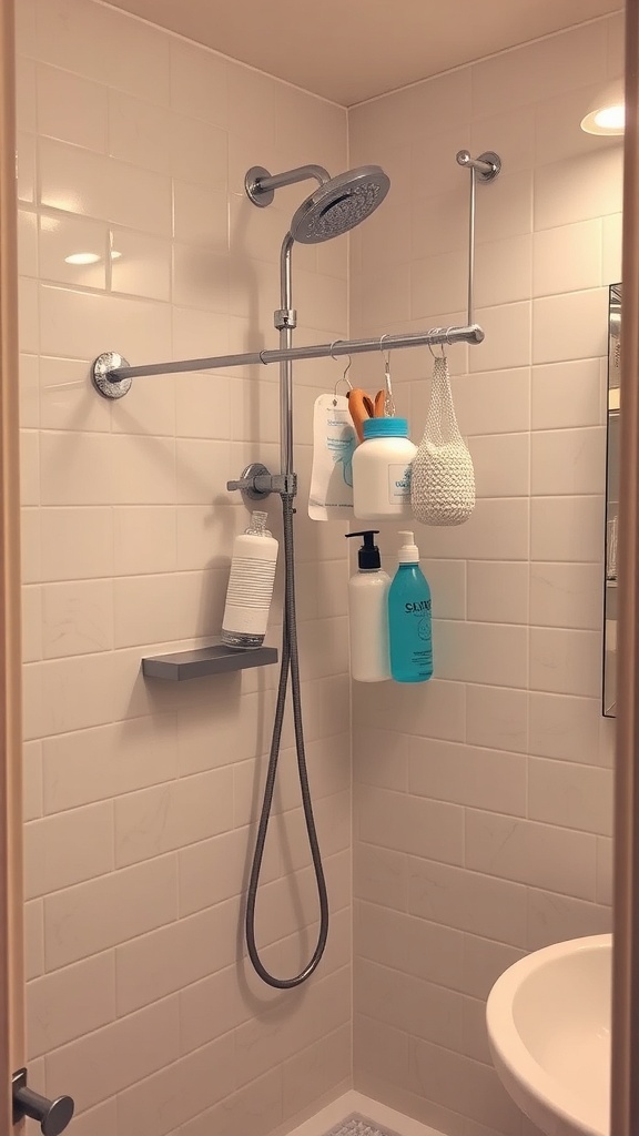A tension rod in a shower holding various bathroom items for organization.