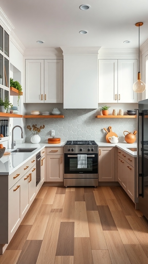 A stylish kitchen featuring white cabinets, wooden shelves, and modern appliances.