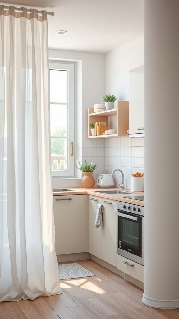 A small kitchen with bright natural light, featuring a space-saving layout, modern minimalist design, and smart storage solutions.