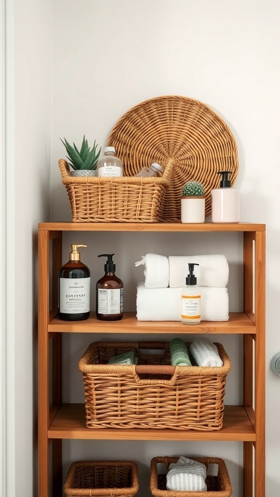 A wooden shelf with rustic baskets containing toiletries and towels, complemented by small plants.
