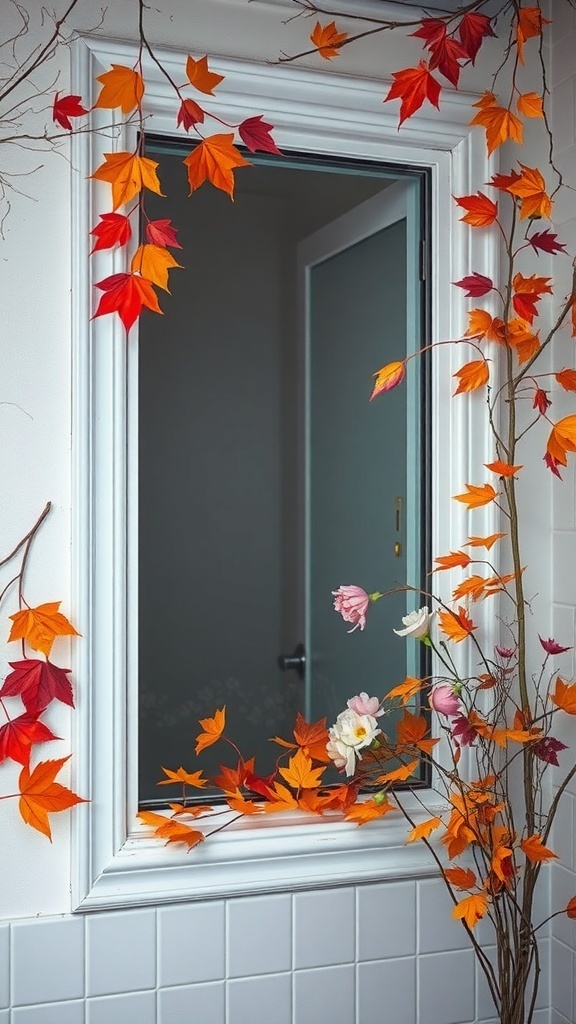Bathroom window decorated with autumn leaves and flowers