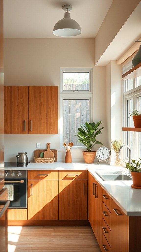 A bright mid century modern kitchen featuring wooden cabinets and potted plants by the window.