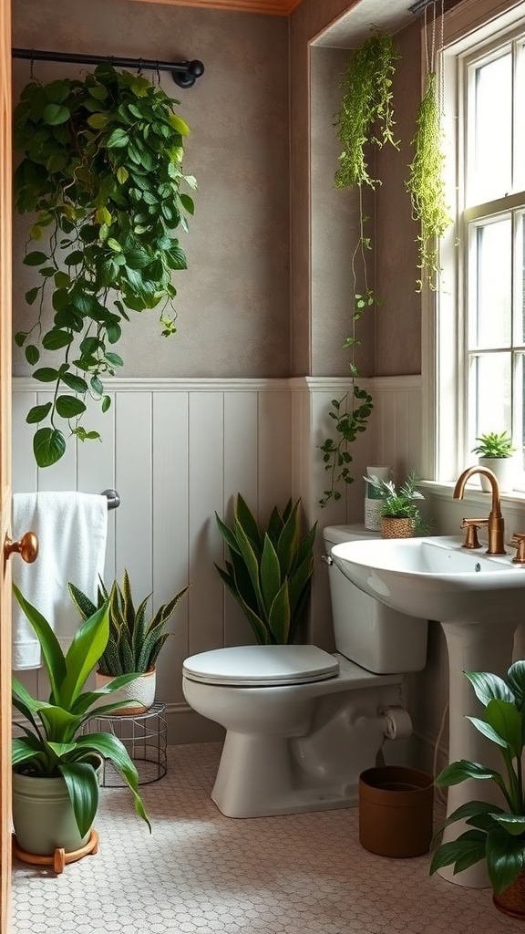 A bathroom decorated with various plants, including hanging and potted greenery, creating a fresh and inviting atmosphere.