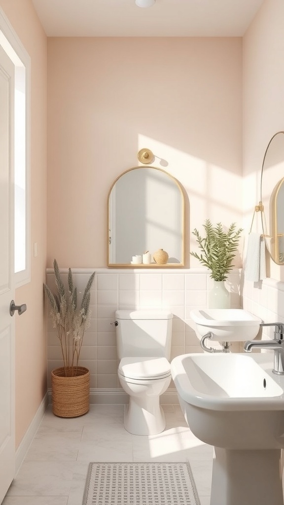 A serene bathroom with peach walls, white tiles, and a touch of greenery.