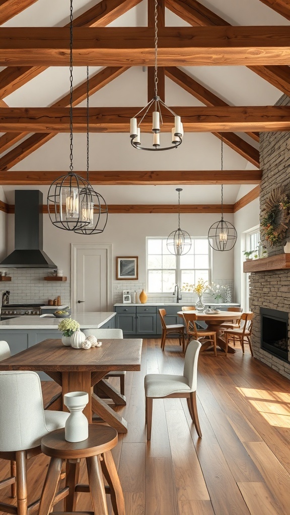 Stylish rustic kitchen and living room combo with statement lighting fixtures