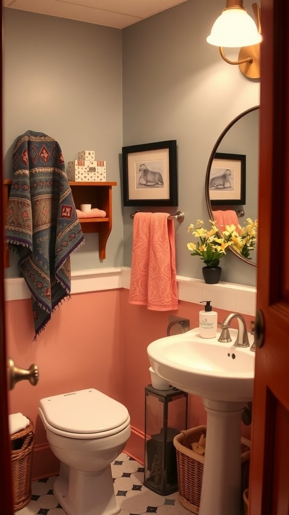 A cozy bathroom with blue and peach walls, stylish decor, and coordinated towels.