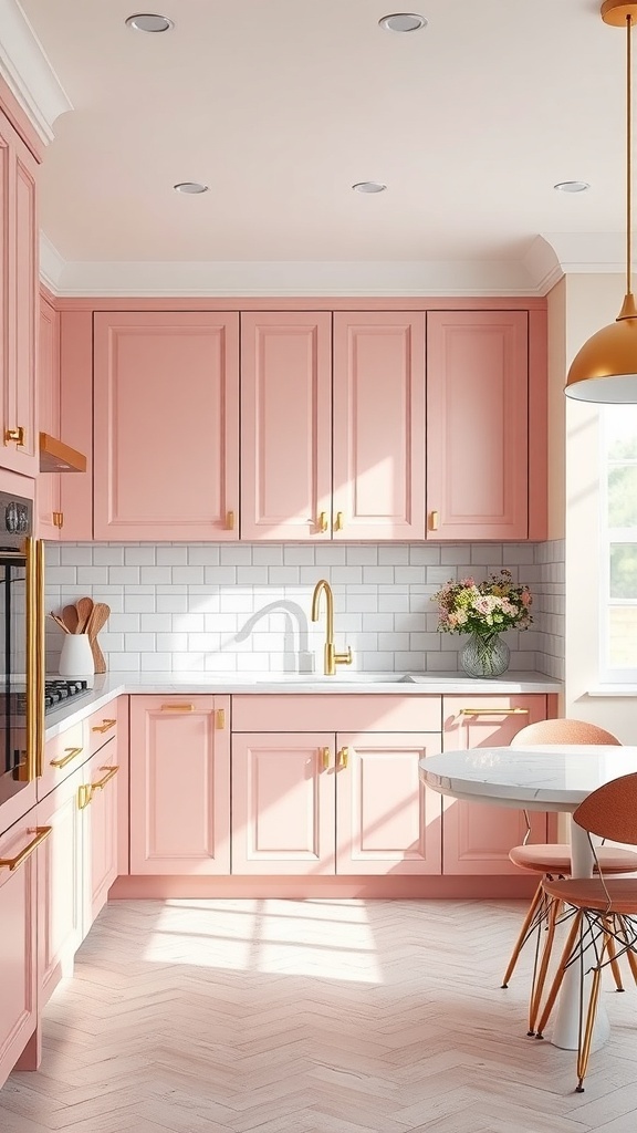 A modern pink kitchen with gray accents, featuring pink cabinets, a gray backsplash, and a cozy dining area.