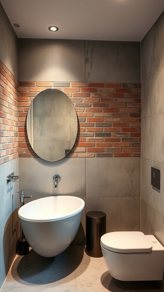 A modern industrial bathroom featuring a textured wall with brick and concrete finishes, an oval mirror, and sleek fixtures.