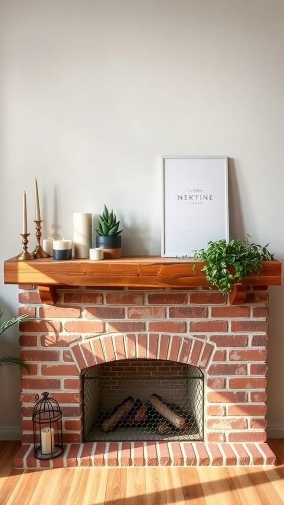 A rustic wood mantel above a brick fireplace with candles and plants.