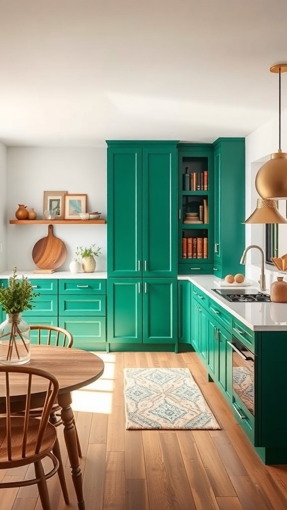 A modern kitchen featuring bold emerald green cabinets, wooden accents, and a cozy dining area.