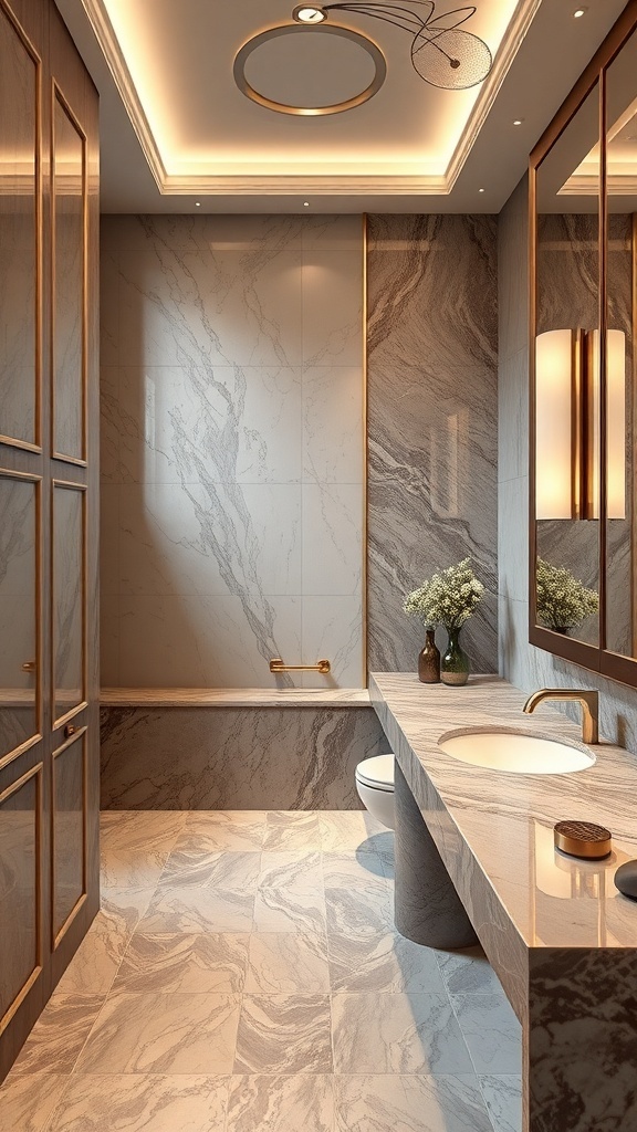Luxurious bathroom featuring onyx countertops and modern decor