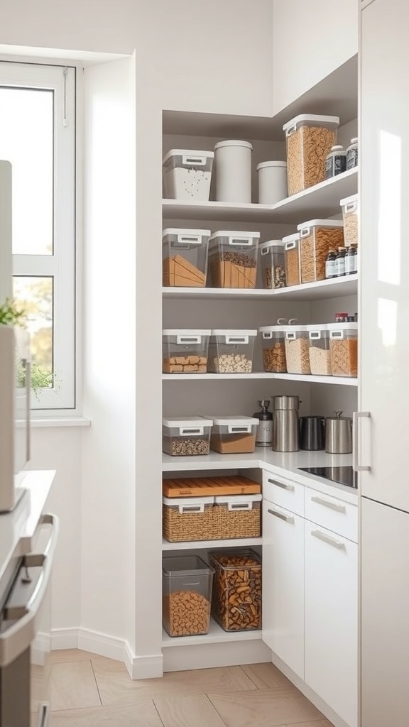 A modern small kitchen with transparent containers neatly organized on shelves, showcasing a bright and minimalist design.