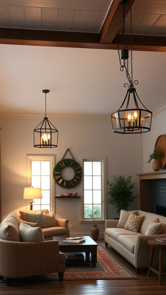 Farmhouse family room with stylish lighting fixtures and cozy seating