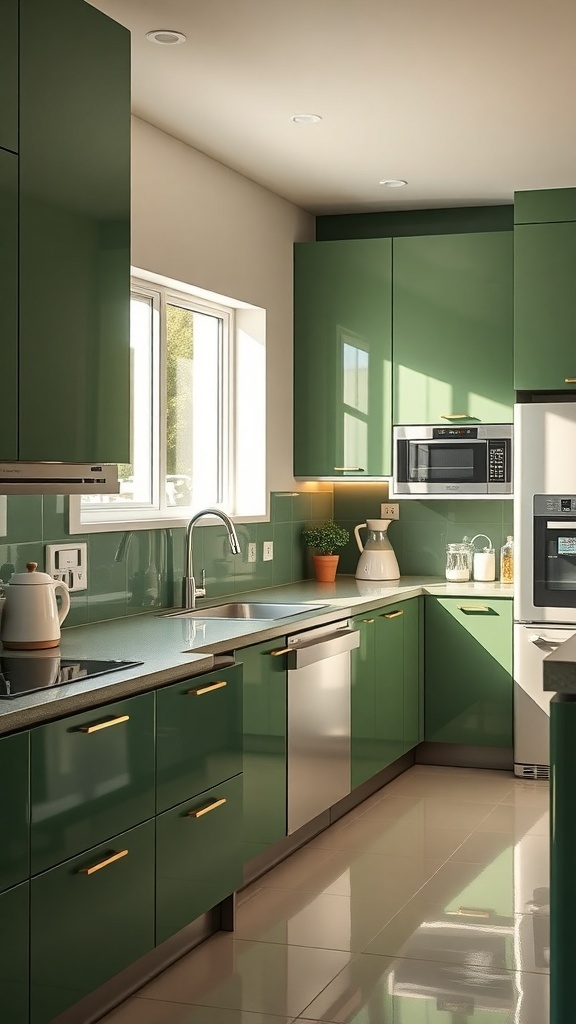 A modern kitchen featuring glossy green cabinets, bright lighting, and a sleek design.