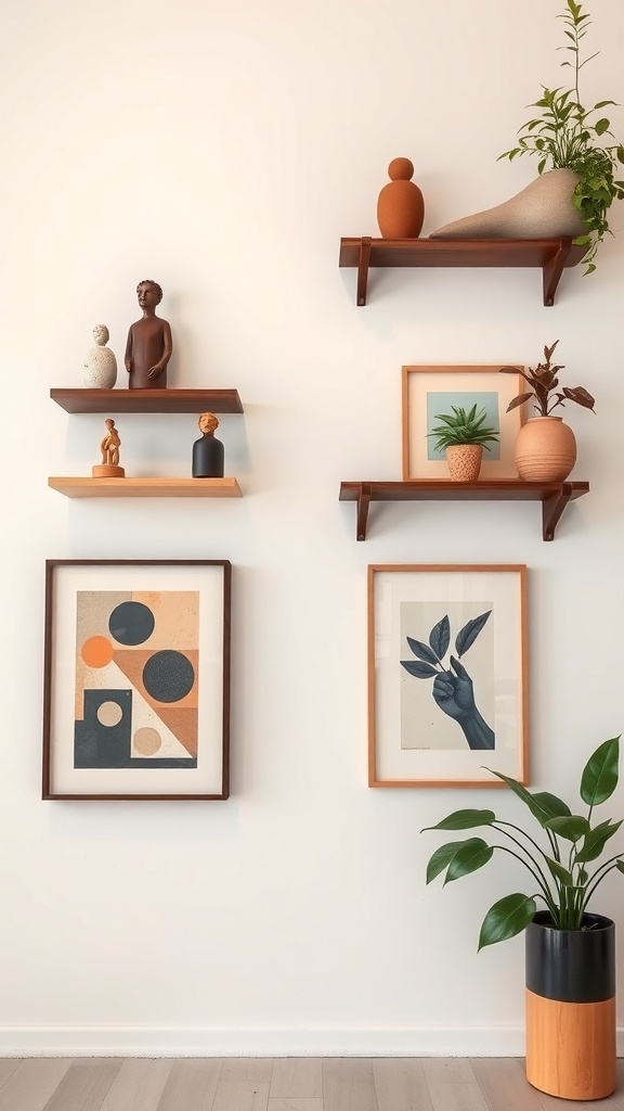 Artistic shelves with sculptures, plants, and framed artwork on a wall