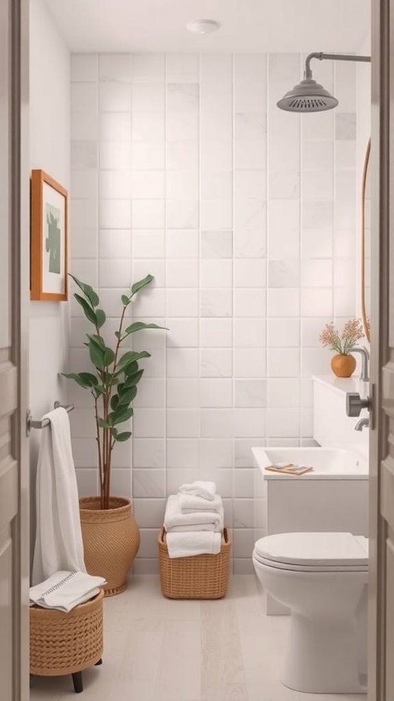 A small bathroom featuring white tiles, a shower, plants, and neatly arranged towels.