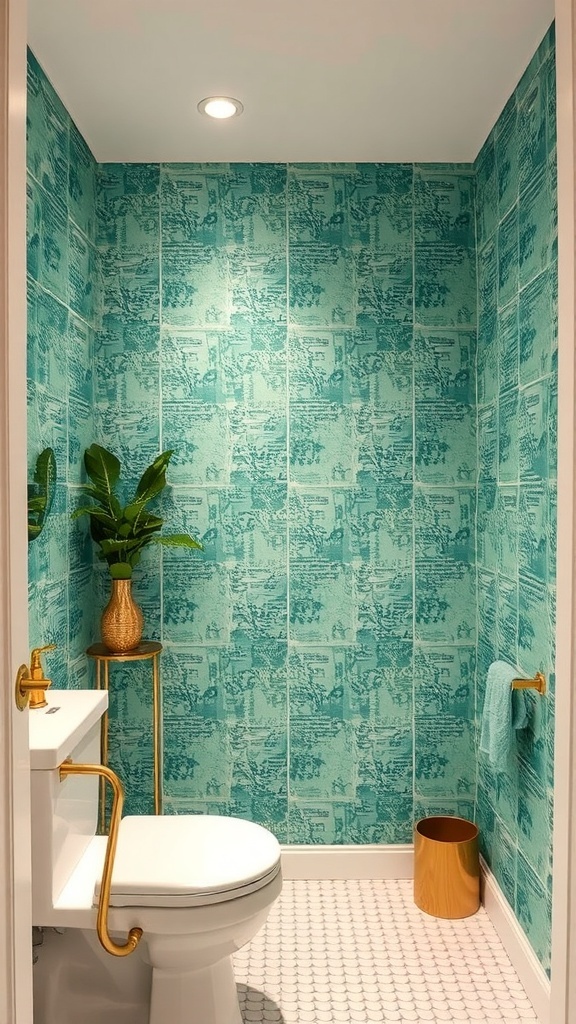 A small bathroom featuring teal wallpaper with a unique pattern, gold accents, and a potted plant.