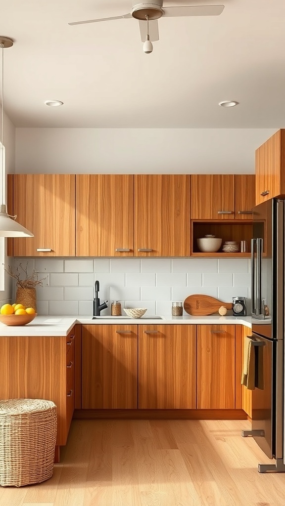 Mid century modern kitchen featuring warm wood cabinets, white backsplash, and woven basket.