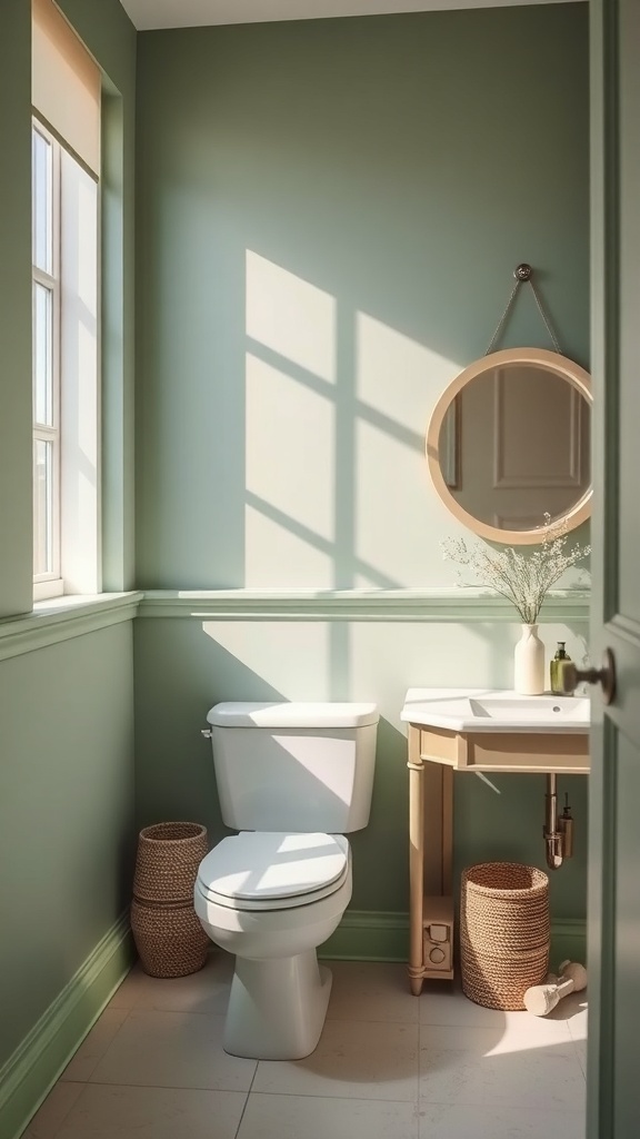 A bathroom with sage green accent walls, featuring a white toilet, a wooden vanity, and natural light coming through the windows.