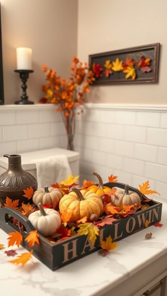A bathroom tray decorated with pumpkins and autumn leaves for Halloween.