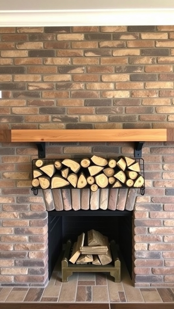 Stone brick fireplace with a built-in firewood rack and neatly stacked logs.