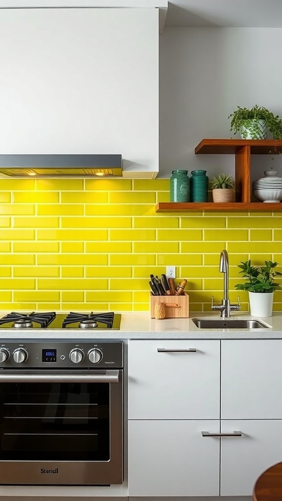 A modern kitchen featuring a chartreuse backsplash with white cabinets and stainless steel appliances.