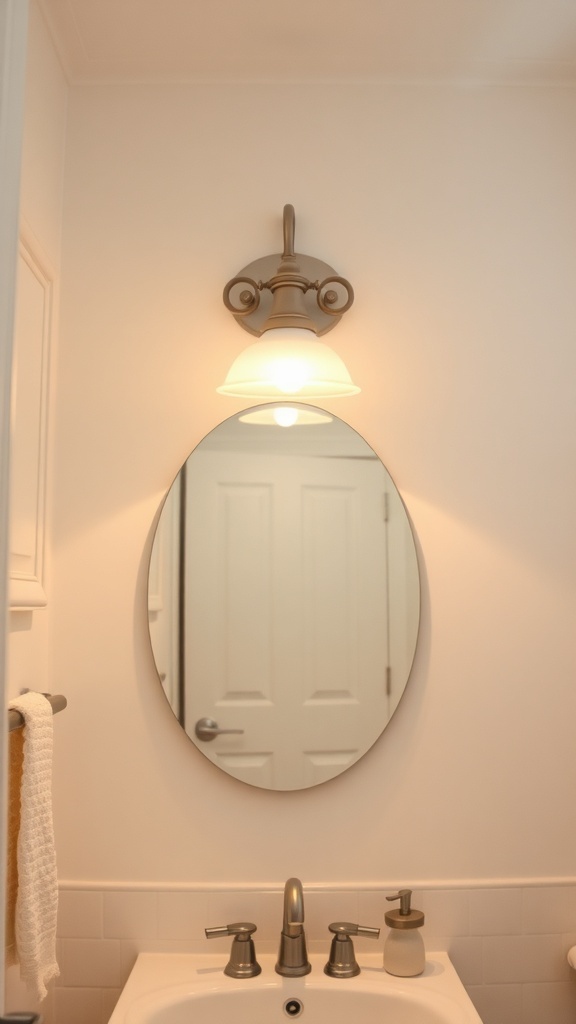 A charming wall-mounted light fixture above a round mirror in a bathroom.
