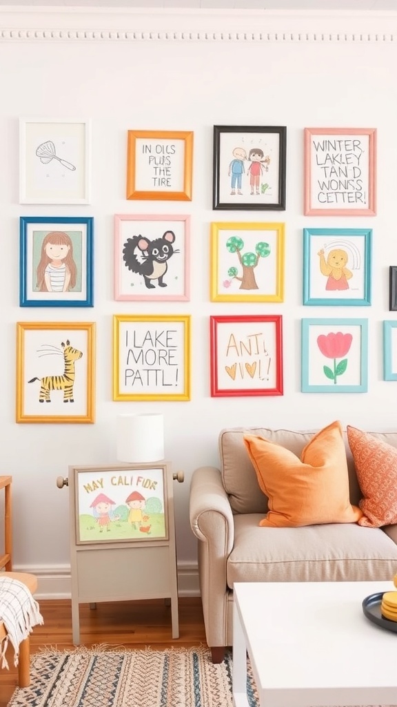 A gallery wall displaying colorful kids' artwork in various frames, with a cozy couch and decorative pillows nearby.