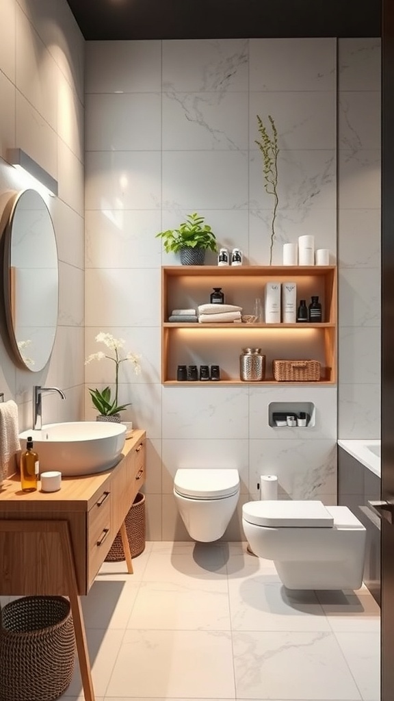 Modern bathroom with wooden vanity, round mirror, and stylish storage solutions.