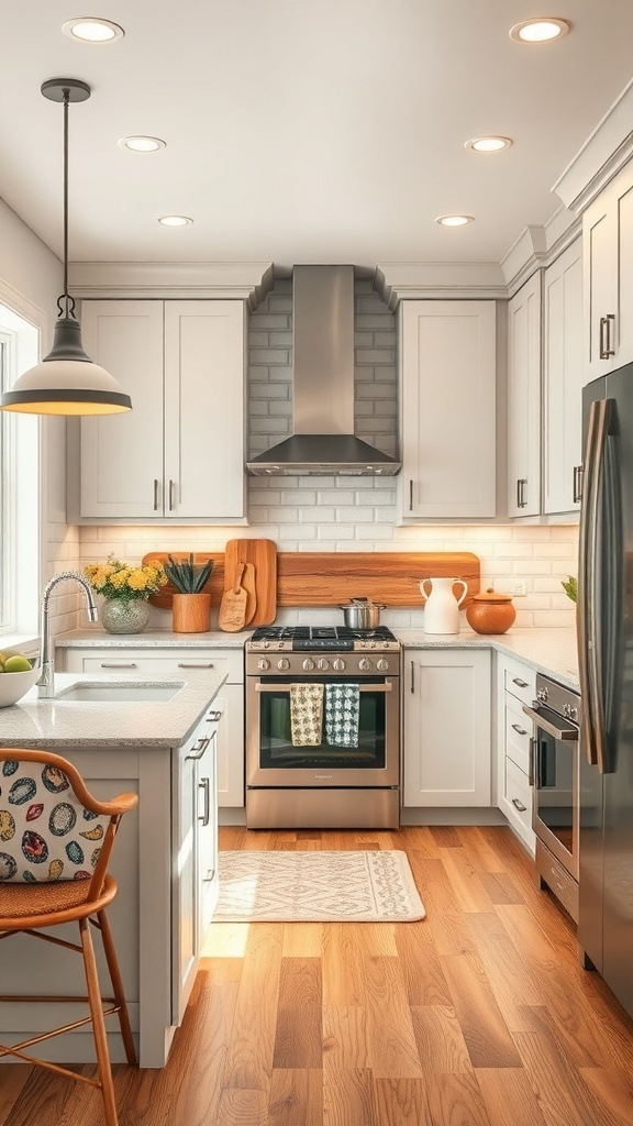 A modern farmhouse kitchen featuring playful patterns in fabrics and accessories.