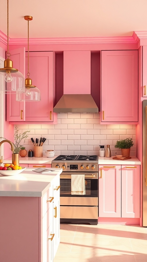 A cozy pink kitchen with warm lighting fixtures and stylish decor.