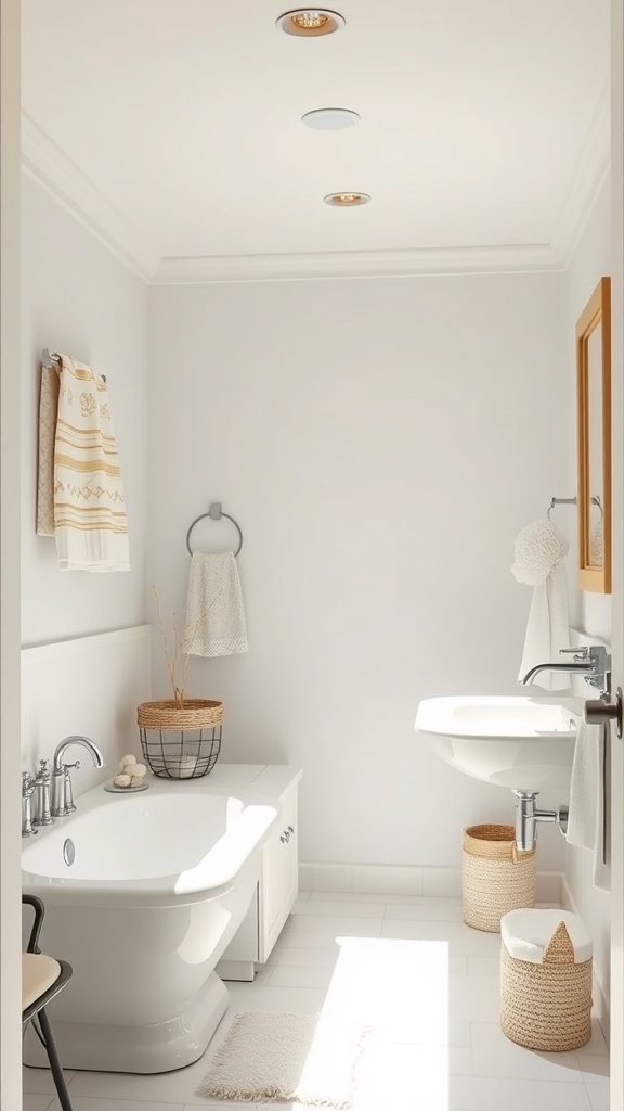 A bright and airy bathroom with a bathtub, sink, and natural decor elements.