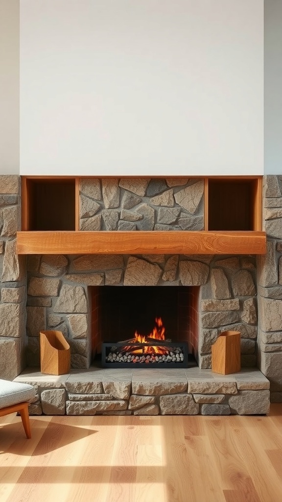 Mid-century modern fireplace with stone and wood elements