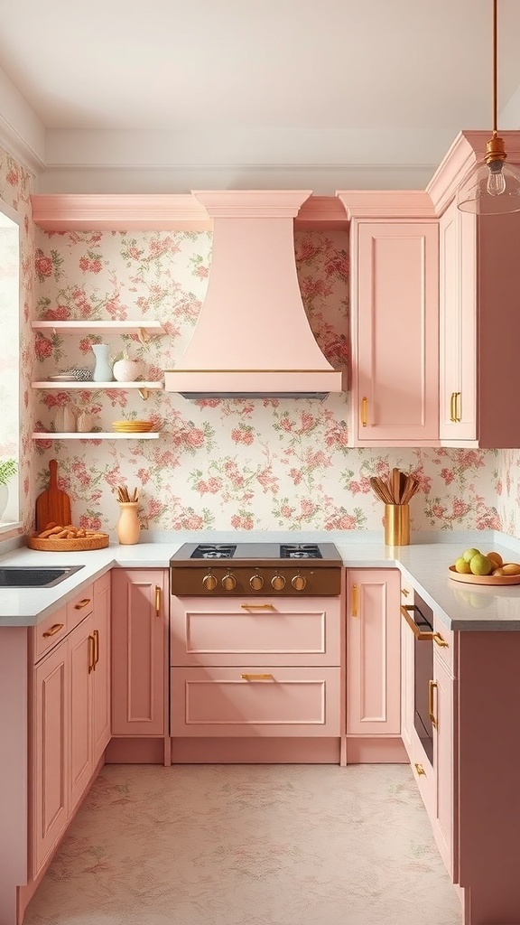 A cozy kitchen featuring floral pink wallpaper and matching pink cabinets.