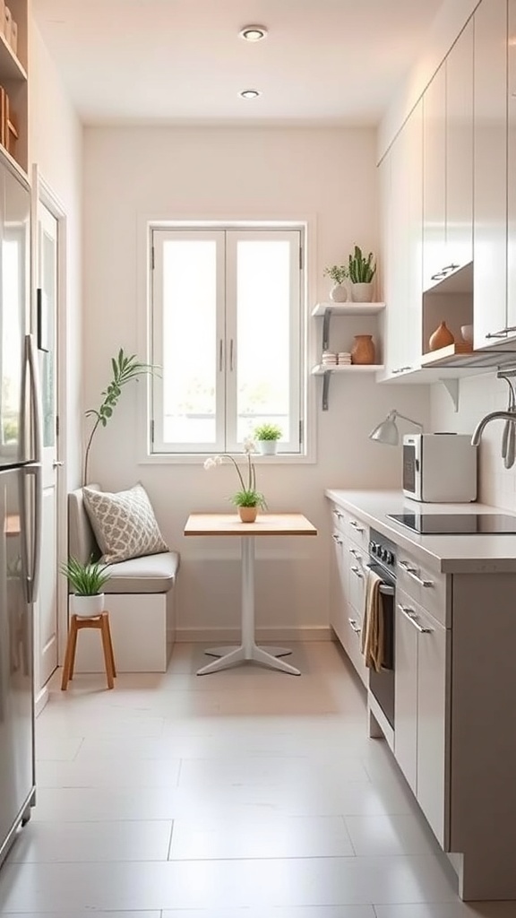 A small kitchen featuring a cozy breakfast nook with a compact table, built-in bench, and bright natural light.