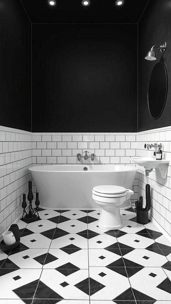 A modern black and white bathroom featuring bold geometric patterns on the floor and sleek fixtures.