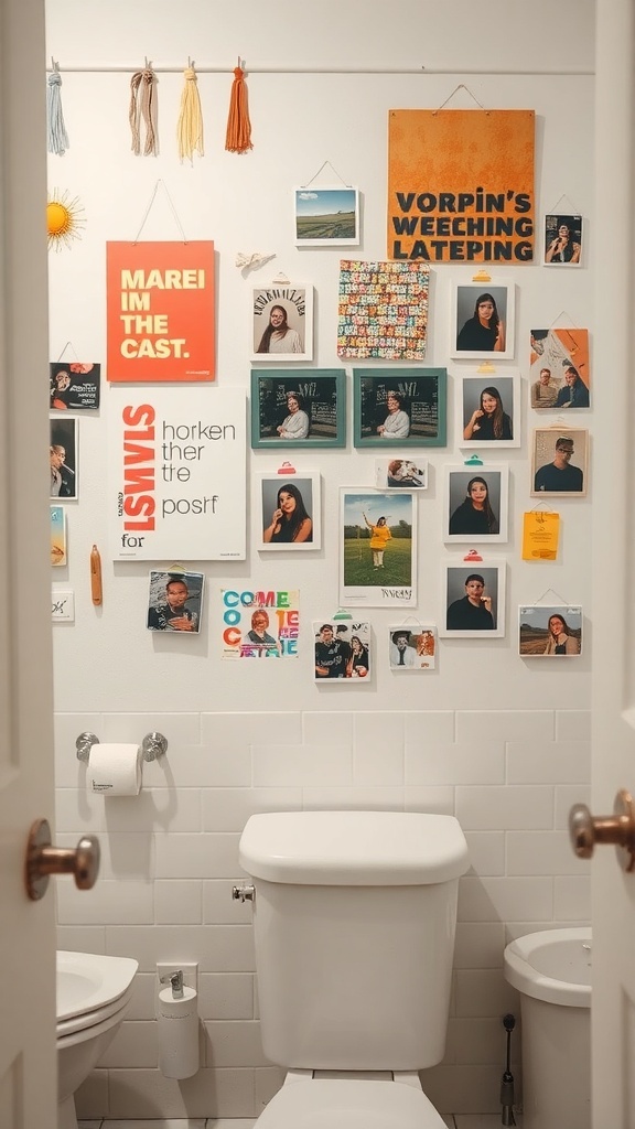 A colorful bathroom wall decorated with various DIY art pieces and personal photographs.