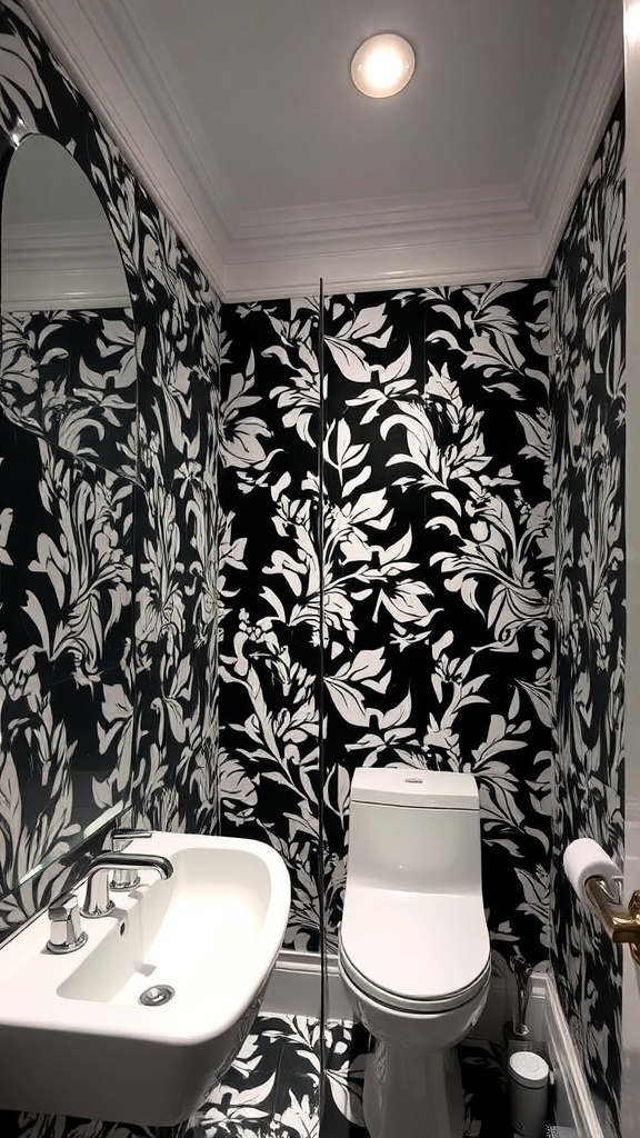 A black and white floral wallpaper in a stylish bathroom with a modern sink and toilet.