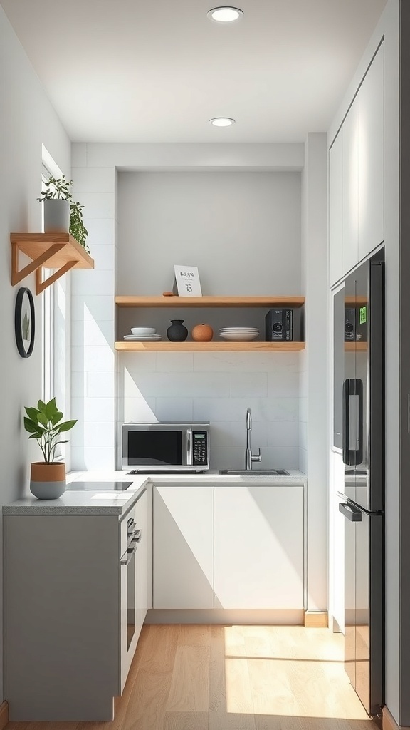 A bright small kitchen featuring modern minimalist design, smart storage solutions, and a compact kitchen island.