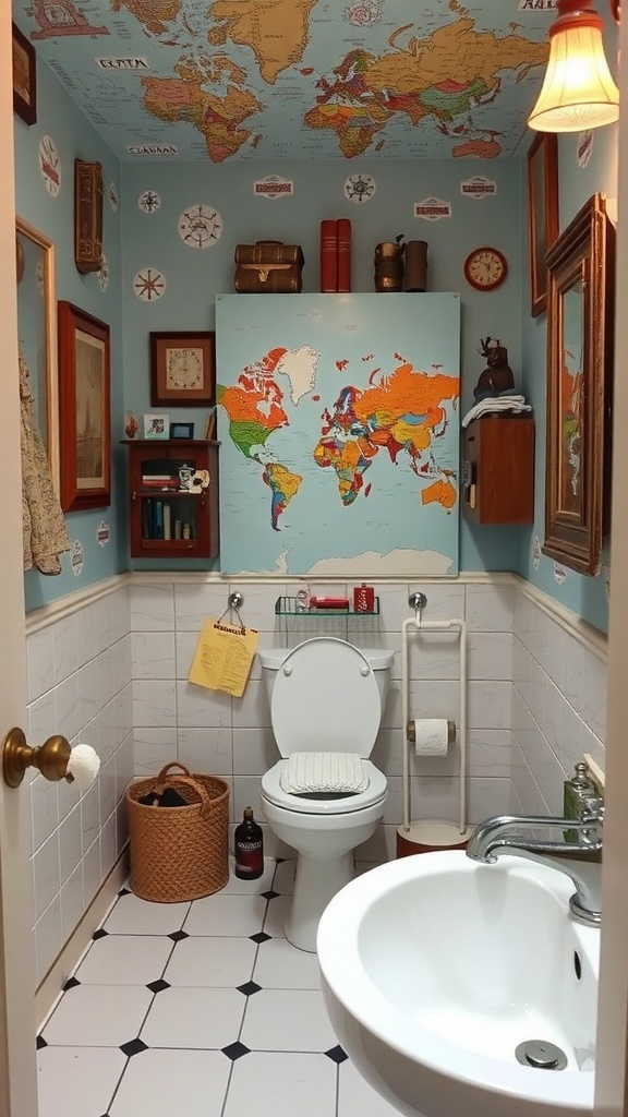 A small bathroom decorated with a colorful world map on the walls and ceiling, featuring travel-themed decor.