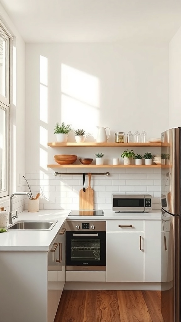 A bright, modern small kitchen featuring open shelving, a minimalist design, and smart storage solutions.