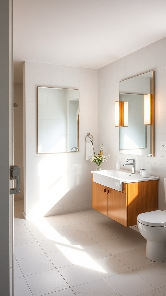 Modern bathroom with mirrored surfaces and wooden vanity