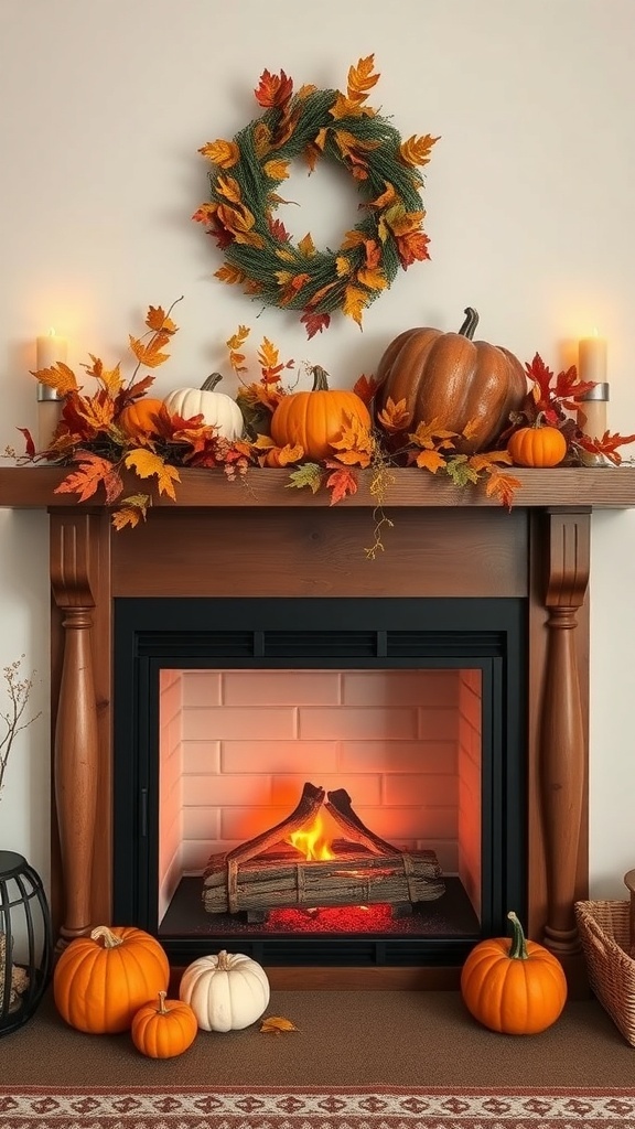 A cozy fireplace decorated with autumn leaves, pumpkins, and candles.