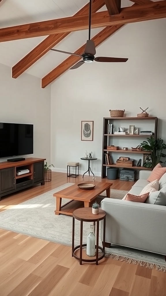A modern farmhouse family room with wooden beams, a TV, and cozy furniture.