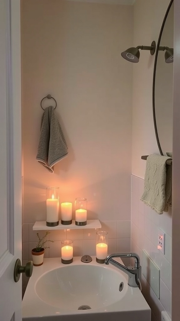A small bathroom with candles on a shelf, creating a cozy atmosphere.