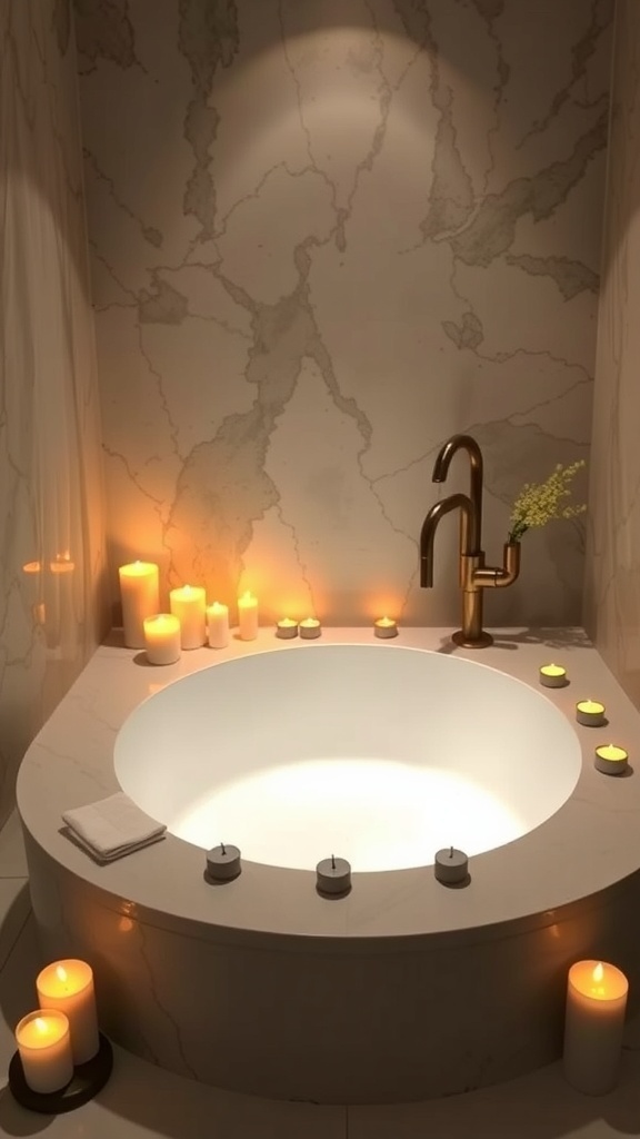 A cozy bathroom tub decorated with various candles, creating a warm and inviting atmosphere.